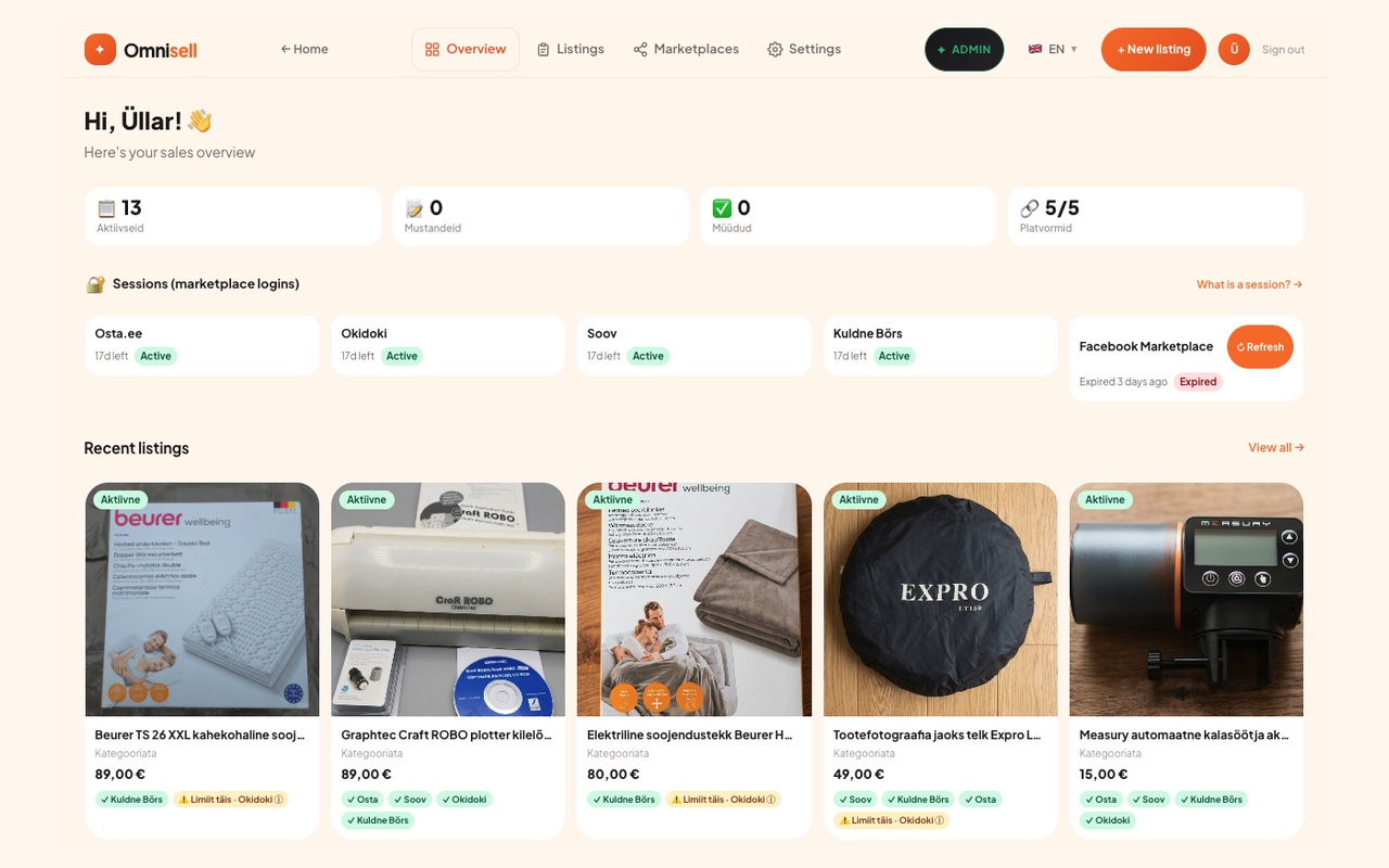 Dashboard: active listings and marketplace sessions